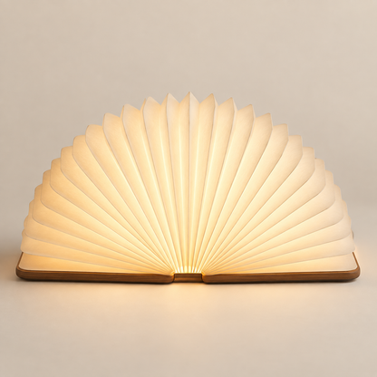 Lámpara plegable tipo abanico con base de madera – Luz ambiental decorativa con un moderno diseño inspirado en un libro