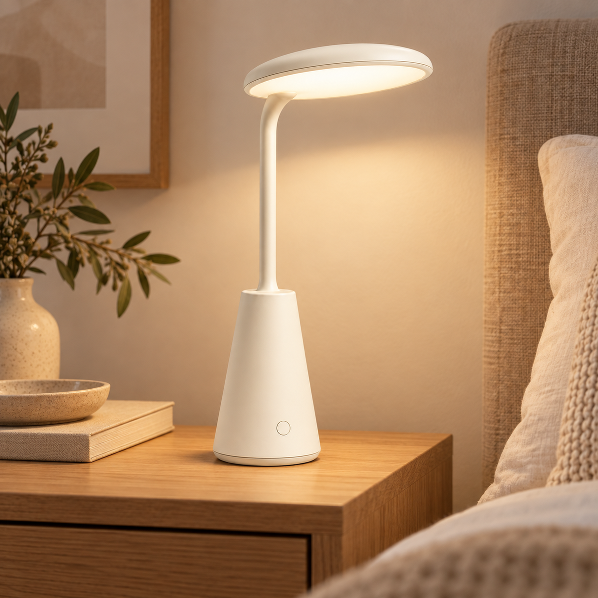 Lámpara LED de mesa en blanco crema con cabezal ovalado – Luz ambiental minimalista para escritorio, buró y hogar