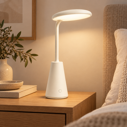 Lámpara LED de mesa en blanco crema con cabezal ovalado – Luz ambiental minimalista para escritorio, buró y hogar