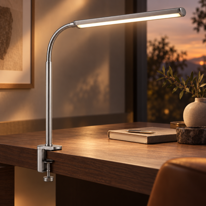Lámpara LED de pinza plateada con cuello flexible – Luz de escritorio que ahorra espacio para home office, lectura y estudio