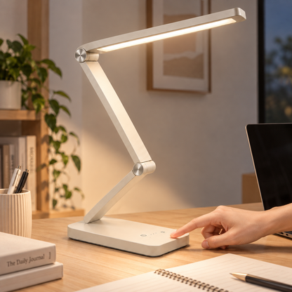 Lámpara LED de escritorio ajustable en blanco crema – Luz de trabajo moderna con controles táctiles para home office y lectura
