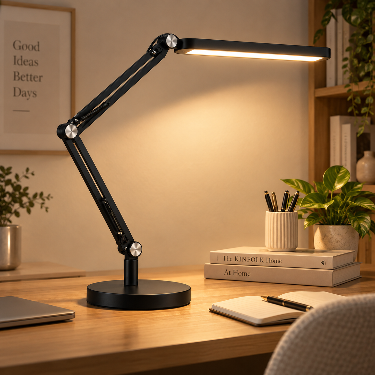 Lámpara LED de escritorio negra con brazo ajustable – Luz de trabajo flexible para oficina, home office y espacios de lectura