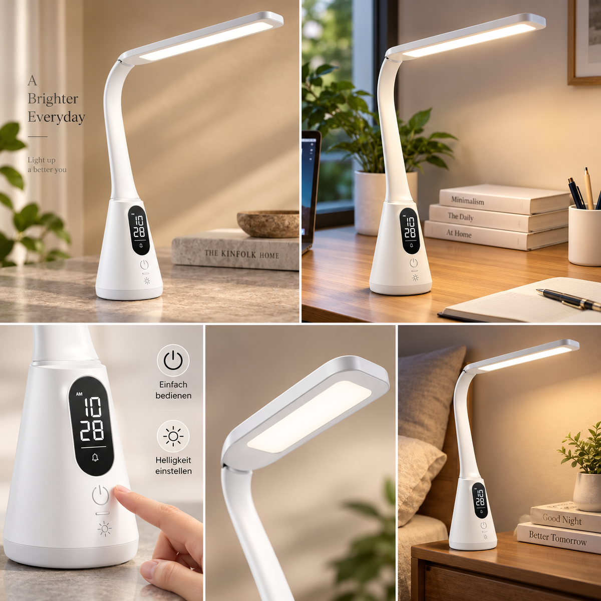Lámpara LED moderna de escritorio con reloj digital – Lámpara flexible con pantalla y controles táctiles