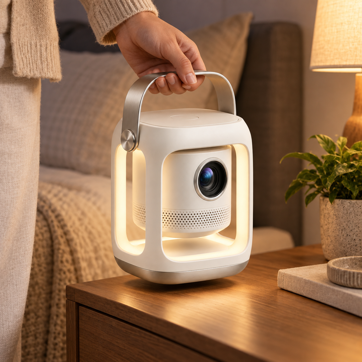 Mini proyector portátil con luz ambiental – Proyector moderno con asa de transporte para sala y recámara