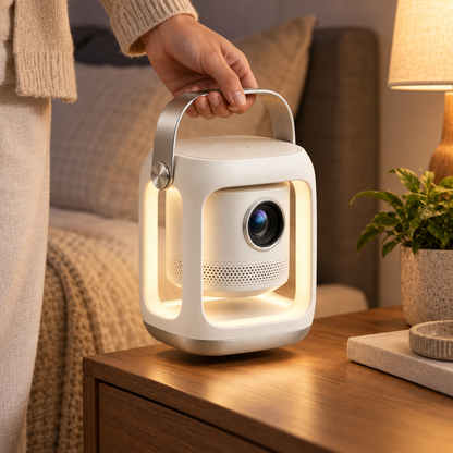 Mini proyector portátil con luz ambiental – Proyector moderno con asa de transporte para sala y recámara