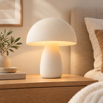 Lámpara LED de mesa en forma de hongo en blanco crema – Luz nocturna minimalista con cálida iluminación ambiental