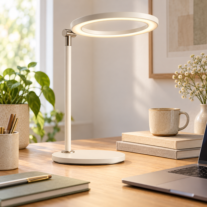 Lámpara LED de escritorio minimalista en blanco crema con aro de luz – Luz de trabajo moderna para oficina, lectura y home office