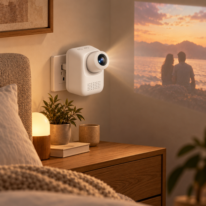 Mini proyector compacto con enchufe integrado – Proyector que ahorra espacio para recámaras y espacios pequeños