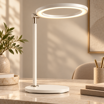 Lámpara LED de escritorio minimalista en blanco crema con aro de luz – Luz de trabajo moderna para oficina, lectura y home office