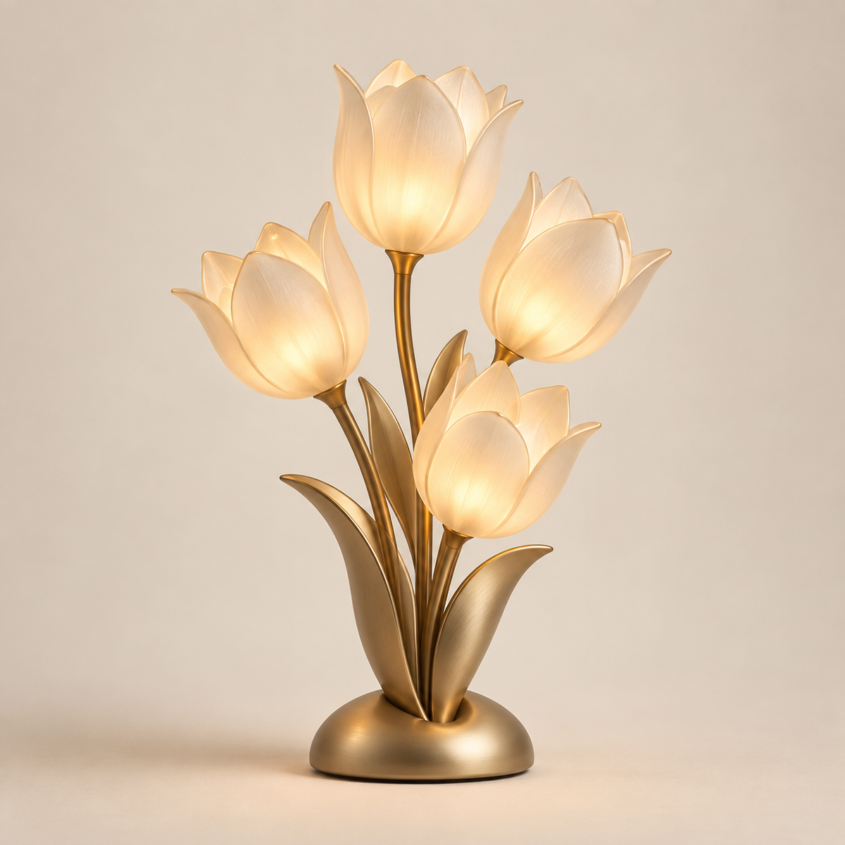 Lámpara LED decorativa de mesa con tulipanes en tono dorado – Luz ambiental floral con cuatro flores iluminadas