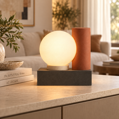 Lámpara LED moderna de mesa con esfera luminosa – Luz ambiental geométrica en tonos naturales cálidos