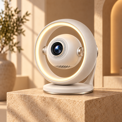 Mini proyector moderno con luz de aro – Proyector compacto para cine en casa con iluminación ambiental decorativa