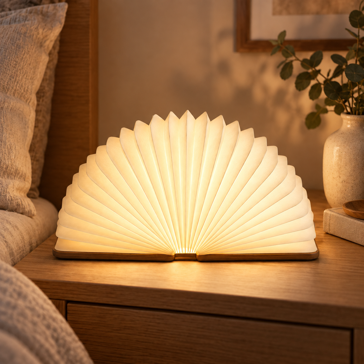 Lámpara plegable tipo abanico con base de madera – Luz ambiental decorativa con un moderno diseño inspirado en un libro