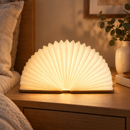 Lámpara plegable tipo abanico con base de madera – Luz ambiental decorativa con un moderno diseño inspirado en un libro