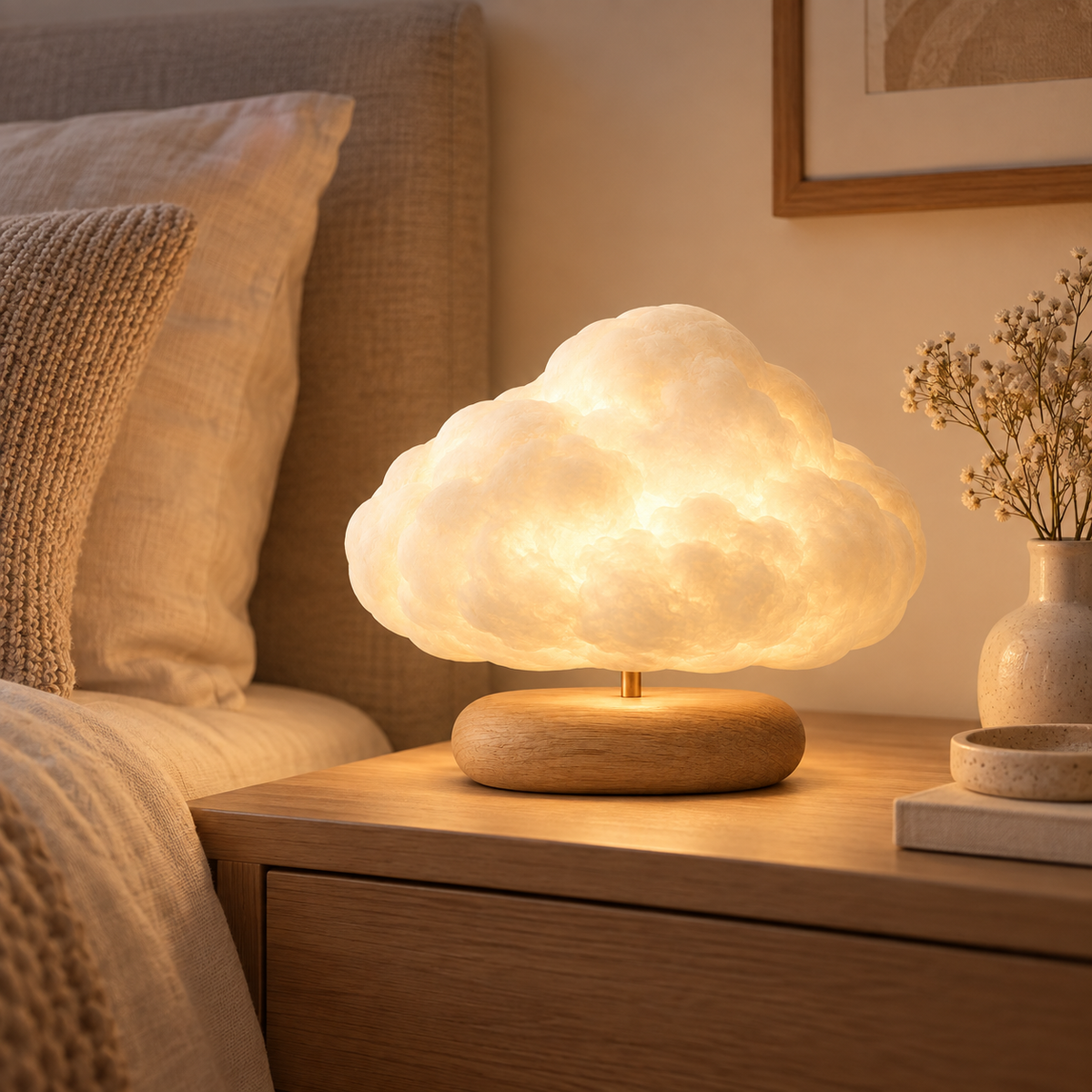 Lámpara en forma de nube con base de madera – Luz ambiental decorativa con un cálido resplandor para recámaras y salas