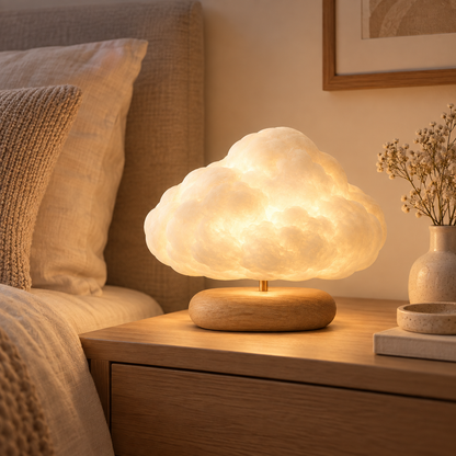 Lámpara en forma de nube con base de madera – Luz ambiental decorativa con un cálido resplandor para recámaras y salas