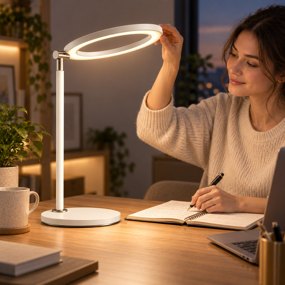 Lámpara LED de escritorio minimalista en blanco crema con aro de luz – Luz de trabajo moderna para oficina, lectura y home office