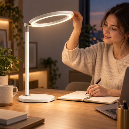 Lámpara LED de escritorio minimalista en blanco crema con aro de luz – Luz de trabajo moderna para oficina, lectura y home office