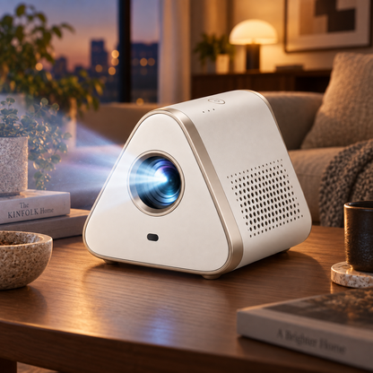 Proyector compacto de cine en casa con diseño triangular – Mini proyector moderno para sala, recámara y noches de películas