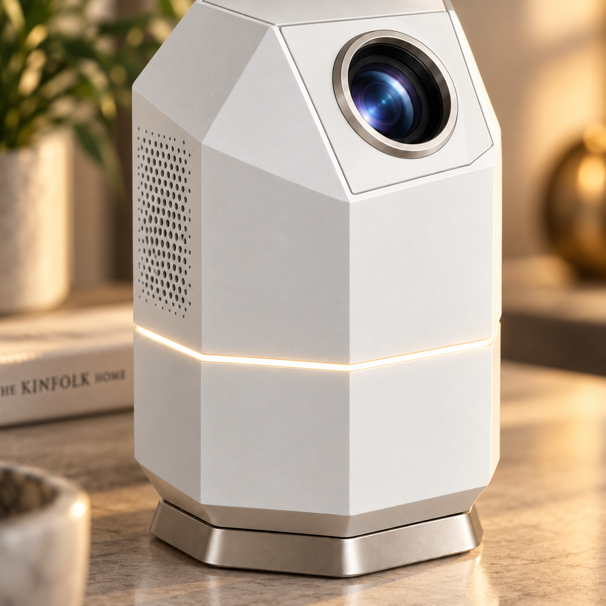 Proyector compacto de diseño moderno con forma de torre – Mini proyector elegante para sala, recámara y cine en casa
