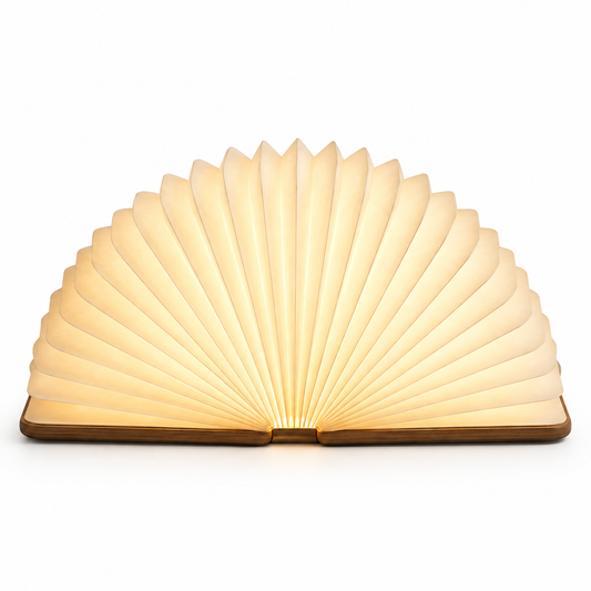 Lámpara plegable tipo abanico con base de madera – Luz ambiental decorativa con un moderno diseño inspirado en un libro