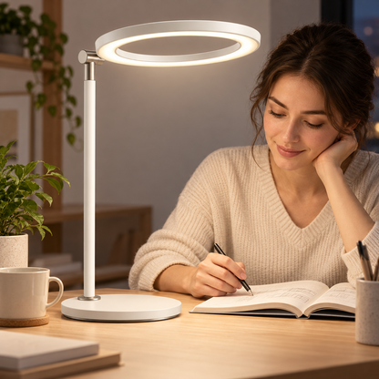 Lámpara LED de escritorio minimalista en blanco crema con aro de luz – Luz de trabajo moderna para oficina, lectura y home office