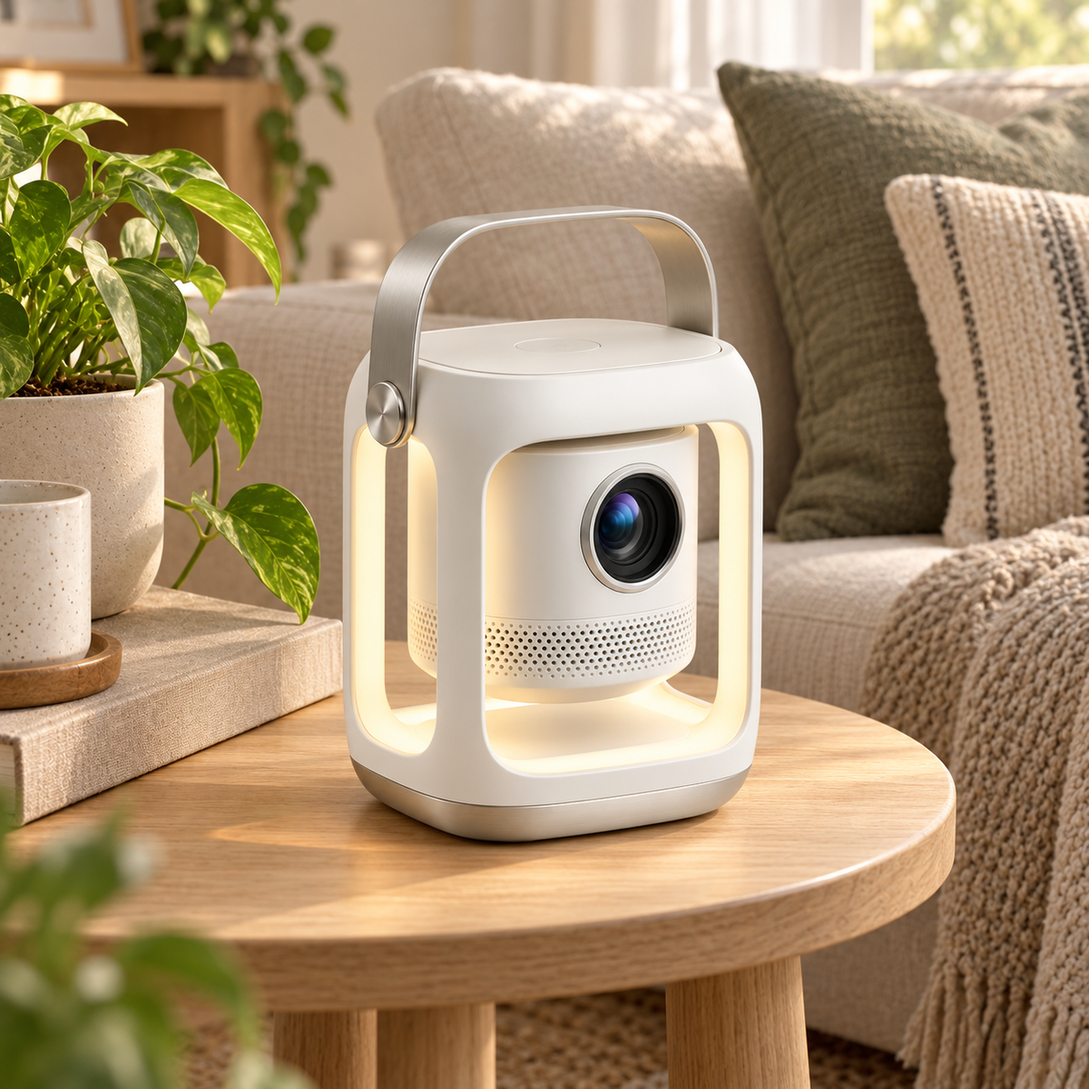 Mini proyector portátil con luz ambiental – Proyector moderno con asa de transporte para sala y recámara