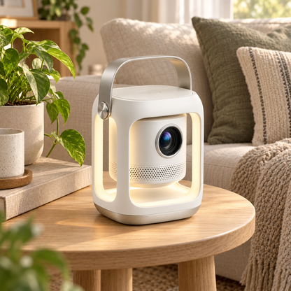 Mini proyector portátil con luz ambiental – Proyector moderno con asa de transporte para sala y recámara