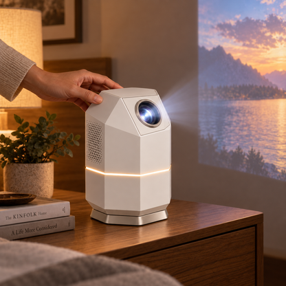 Proyector compacto de diseño moderno con forma de torre – Mini proyector elegante para sala, recámara y cine en casa