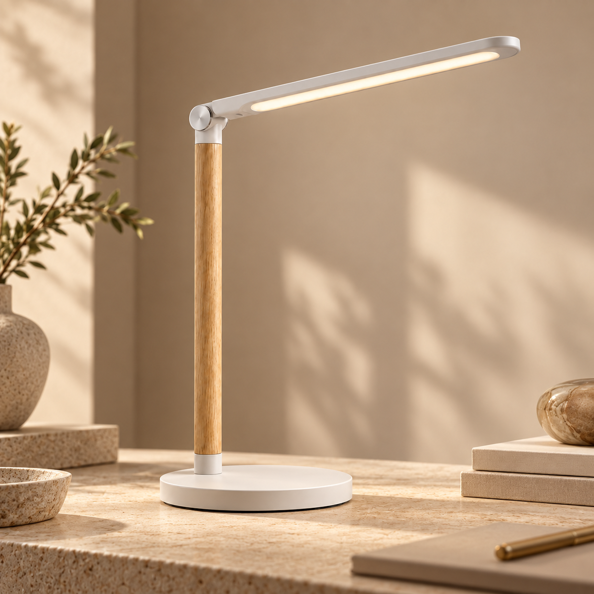 Lámpara LED de escritorio minimalista con acabado tipo madera – Luz de trabajo moderna para home office, lectura y estudio