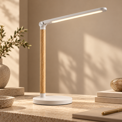 Lámpara LED de escritorio minimalista con acabado tipo madera – Luz de trabajo moderna para home office, lectura y estudio