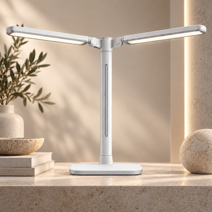 Lámpara LED de escritorio blanca con doble cabezal – Luz de trabajo amplia con brazos ajustables para home office y estudio