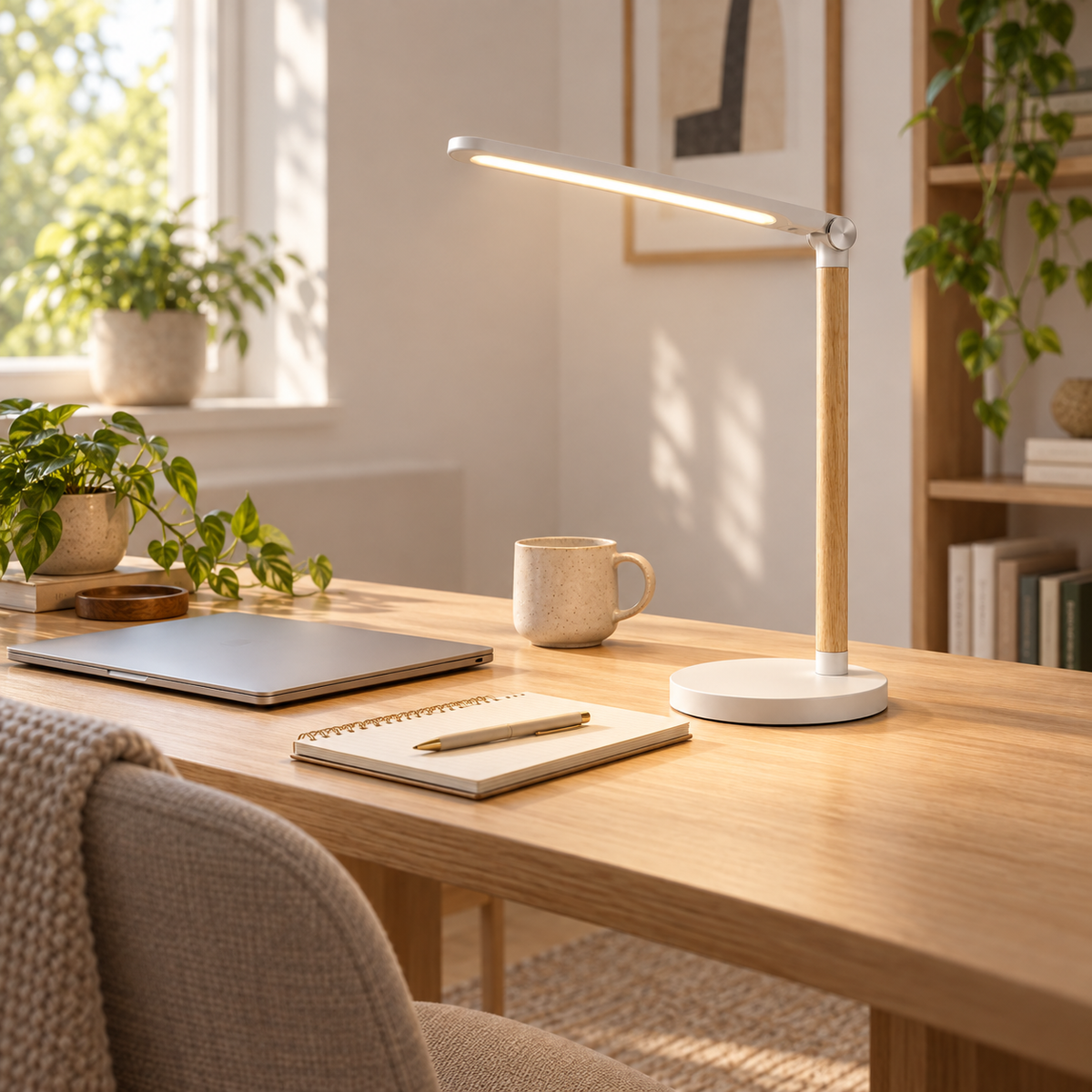 Lámpara LED de escritorio minimalista con acabado tipo madera – Luz de trabajo moderna para home office, lectura y estudio