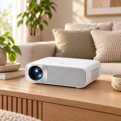 Proyector compacto blanco para cine en casa – Proyector minimalista con frente de tela para sala y recámara