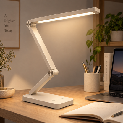 Lámpara LED de escritorio ajustable en blanco crema – Luz de trabajo moderna con controles táctiles para home office y lectura