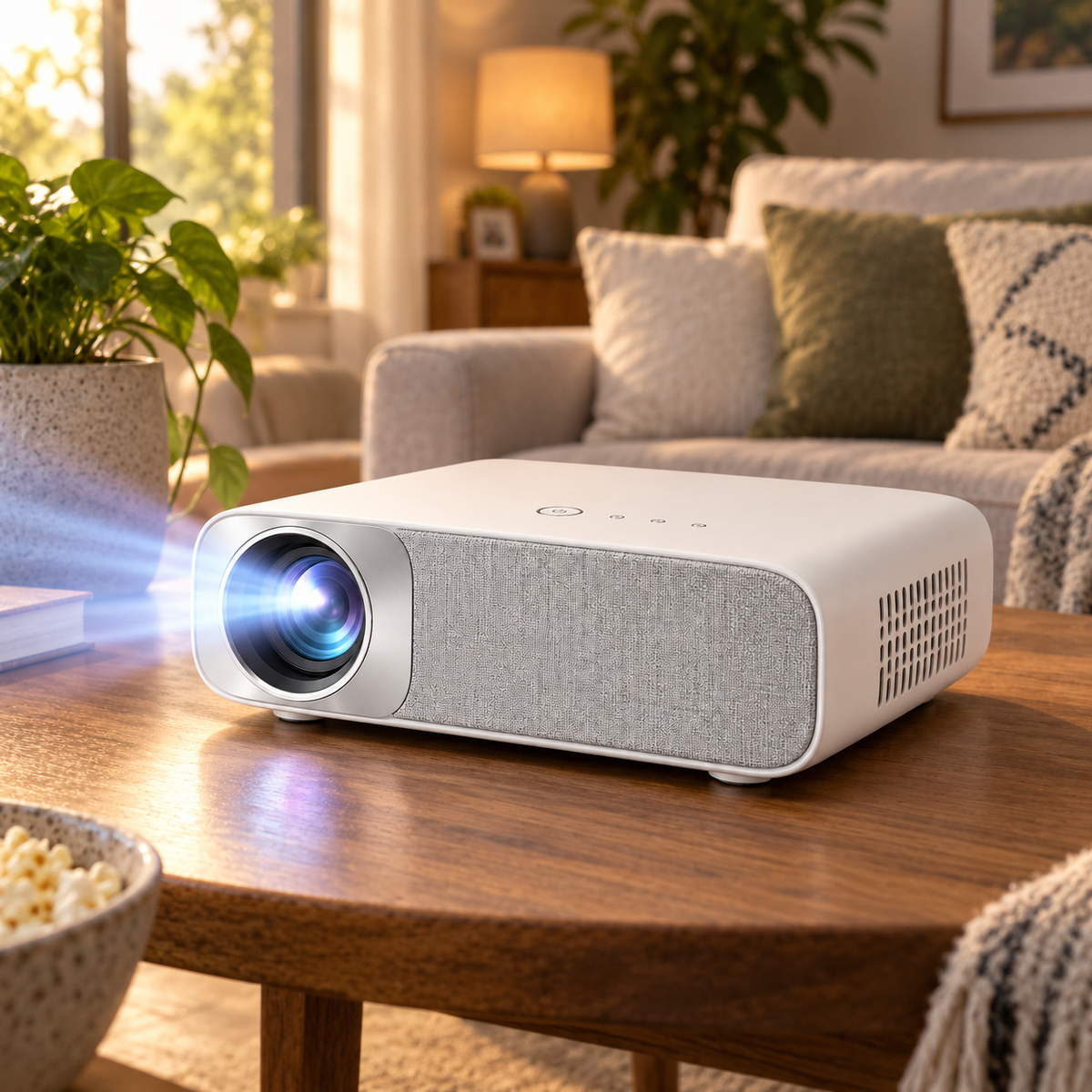 Proyector compacto blanco para cine en casa – Proyector minimalista con frente de tela para sala y recámara
