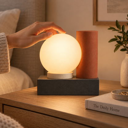 Lámpara LED moderna de mesa con esfera luminosa – Luz ambiental geométrica en tonos naturales cálidos