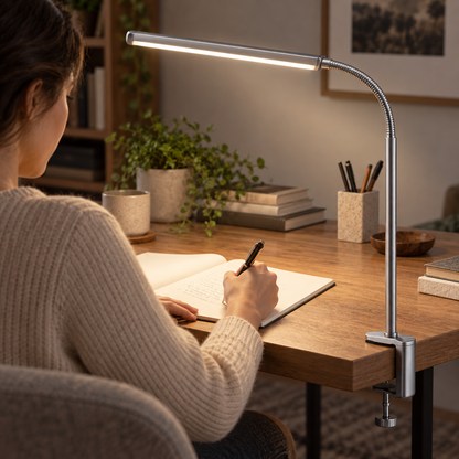Lámpara LED de pinza plateada con cuello flexible – Luz de escritorio que ahorra espacio para home office, lectura y estudio