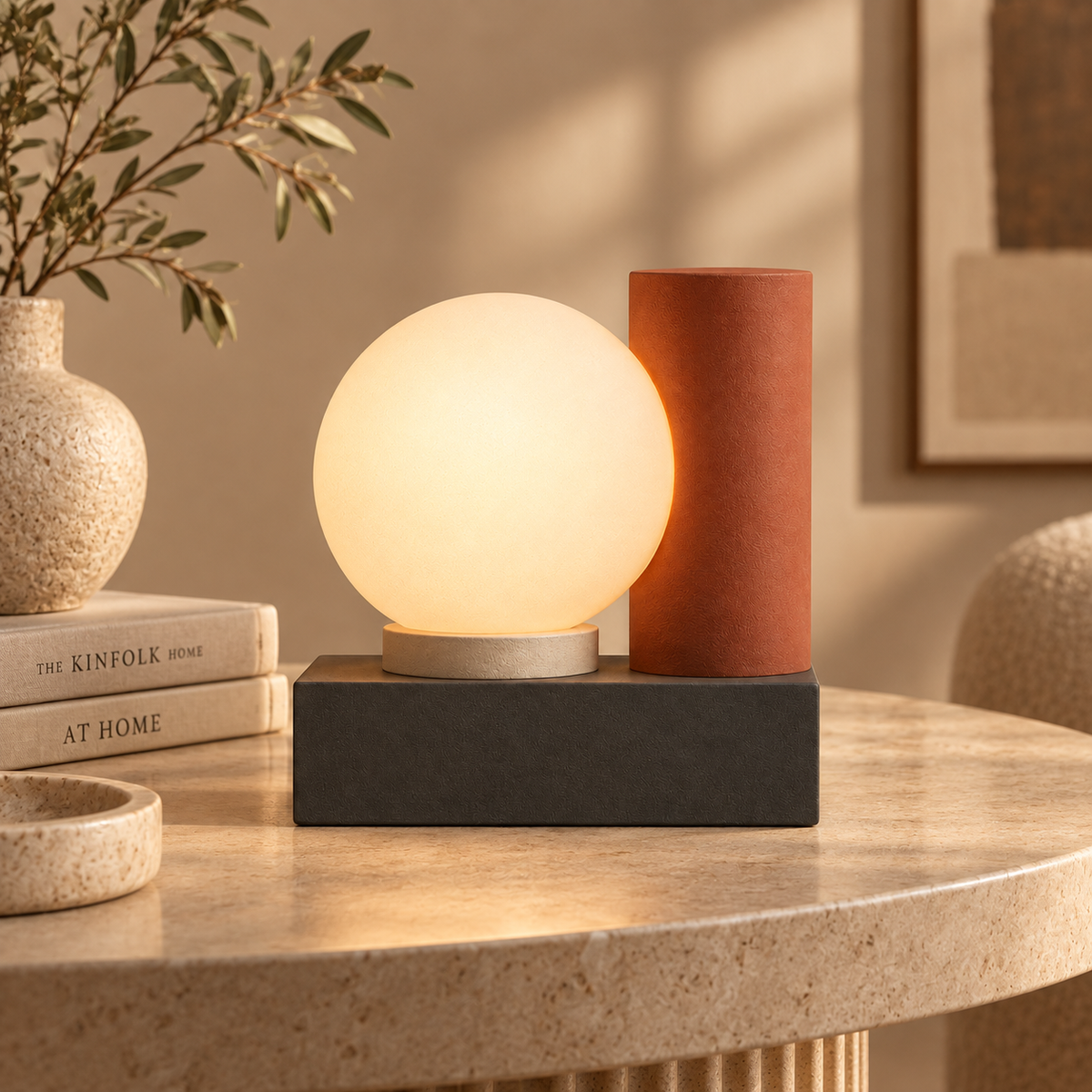 Lámpara LED moderna de mesa con esfera luminosa – Luz ambiental geométrica en tonos naturales cálidos