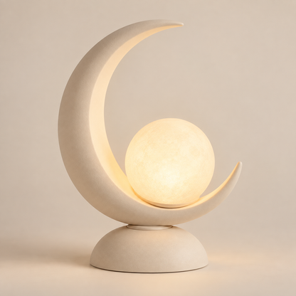 Lámpara de mesa LED con forma de luna y esfera luminosa – Luz nocturna decorativa con cálida luz ambiental