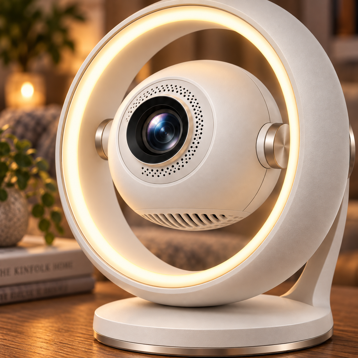 Mini proyector moderno con luz de aro – Proyector compacto para cine en casa con iluminación ambiental decorativa