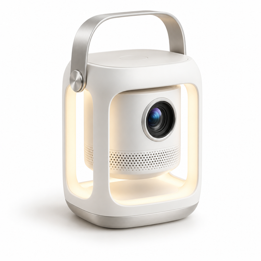 Mini proyector portátil con luz ambiental – Proyector moderno con asa de transporte para sala y recámara