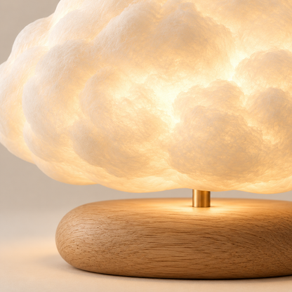 Lámpara en forma de nube con base de madera – Luz ambiental decorativa con un cálido resplandor para recámaras y salas