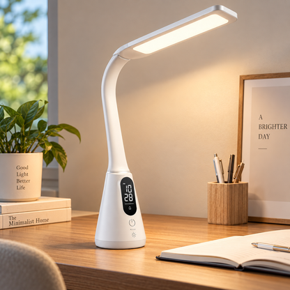 Lámpara LED moderna de escritorio con reloj digital – Lámpara flexible con pantalla y controles táctiles