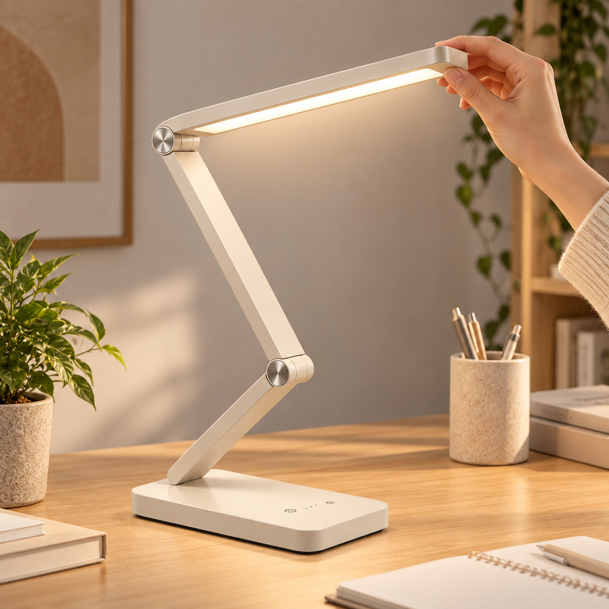 Lámpara LED de escritorio ajustable en blanco crema – Luz de trabajo moderna con controles táctiles para home office y lectura