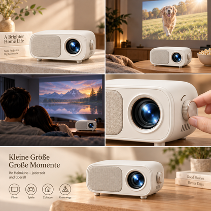 Mini proyector compacto de estilo retro – Elegante proyector para cine en casa, ideal para sala, recámara y noches de películas