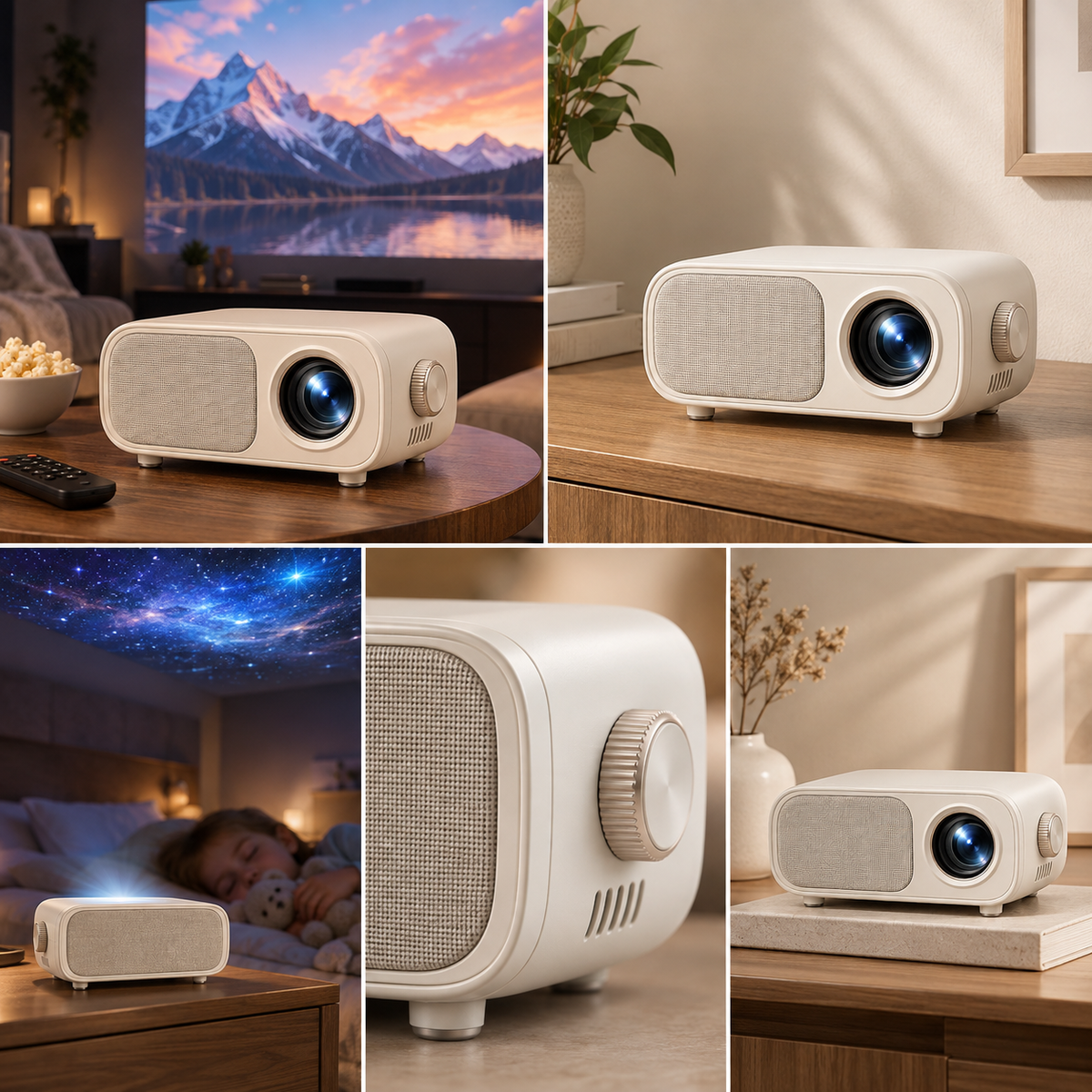 Mini proyector compacto de estilo retro – Elegante proyector para cine en casa, ideal para sala, recámara y noches de películas