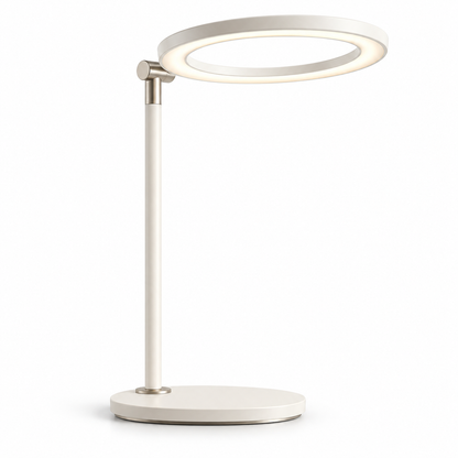 Lámpara LED de escritorio minimalista en blanco crema con aro de luz – Luz de trabajo moderna para oficina, lectura y home office