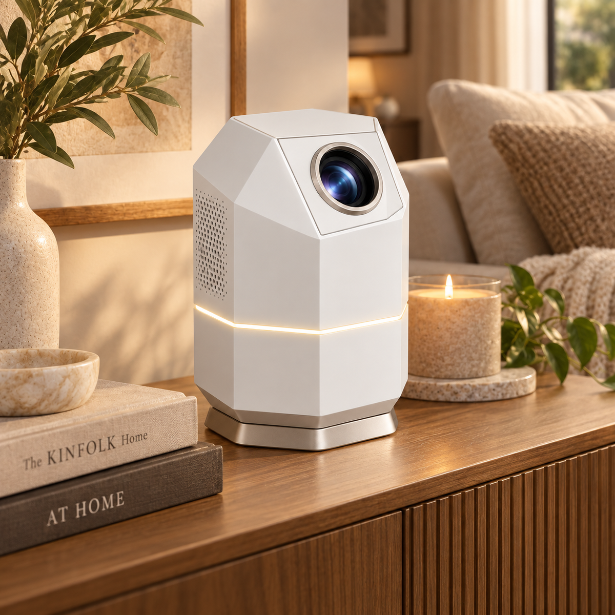 Proyector compacto de diseño moderno con forma de torre – Mini proyector elegante para sala, recámara y cine en casa