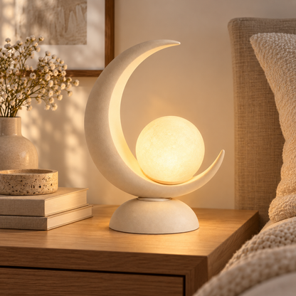 Lámpara de mesa LED con forma de luna y esfera luminosa – Luz nocturna decorativa con cálida luz ambiental